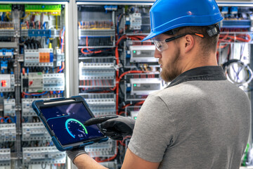 Electrician analyzing data. Tablet interface. Digital power monitoring.