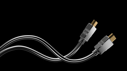 Wavy bent metallic HDMI cable banner. Metal HDMI plug isolated 3D rendering