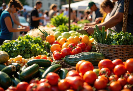 Fresh vegetables and fruits displayed at an outdoor market stall on a sunny day