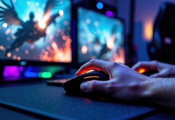 Close-up of a person's hand using a gaming mouse in front of dual computer monitors with vibrant visuals