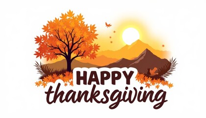 Festive Thanksgiving illustration featuring a turkey beneath an autumn tree with vibrant orange leaves. The sun sets behind distant mountains, casting a warm glow. Message HAPPY thanksgiving