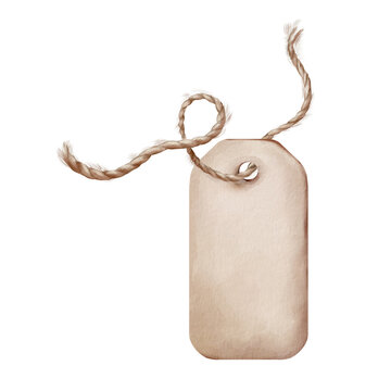 Vintage rectangular tag with rounded corners watercolor illustration.Twine rope through hole, rustic hand-painted label for packaging, gift wrapping, wedding favors and artisan branding projects