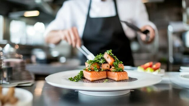Chef plating gourmet salmon dish in professional kitchen food preparation culinary arts