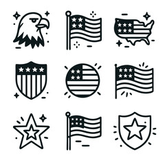 Flags icon USA nine black and white icons representing the United States suitable for patriotic designs, educational materials, and historical presentations.
