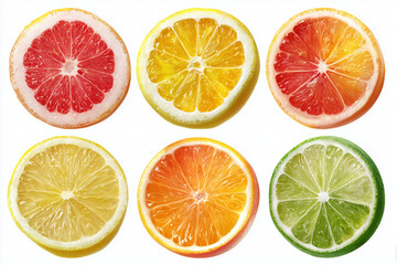 Citrus fruit wheel slices of grapefruit, orange, lemon, lime PNG set, cutout isolated on transparent background. Fresh drink garnish decoration graphic resource