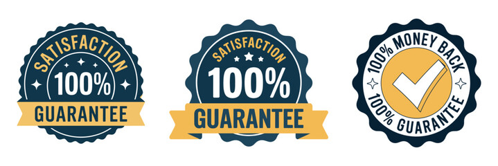 Three Vector Satisfaction and Money Back Guarantee Badges in Blue and Yellow Colors for E Commerce and Online Shopping Websites and Marketing