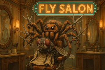 Surreal tarantula barber in vintage salon setting with fly client