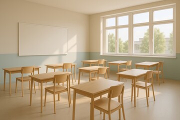 Scandinavian minimalist classroom design with natural light and simple wooden furniture