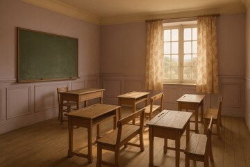 Romantic vintage classroom setting with simple wooden desks and chalkboard in soft light