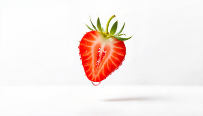 Sliced strawberry floating against a white background with droplets  
