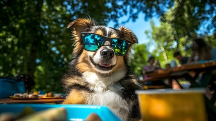 A charming dog with cool sunglasses sitting proudly and enjoying the warm sunshine of summer day