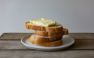 "Stacked Slices of Bread with Butter on Plate"