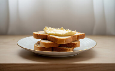 "Stacked Slices of Bread with Butter on Plate"