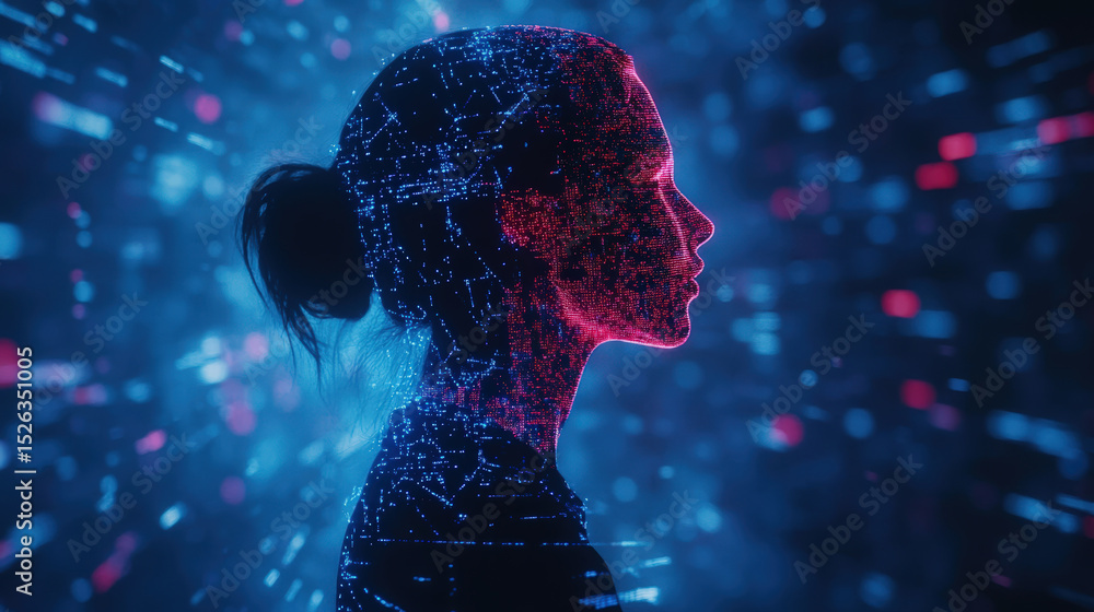 Poster futuristic ai brain with glowing pathways. a woman's silhouette is overlaid with intricate digital p