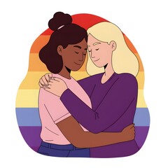 Obraz premium Pride month couple lesbian hugging kissing affection love minimal flat colors modern style LGBTQ