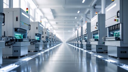 Obraz premium Inside a cutting-edge factory, rows of advanced machines work in perfect alignment.