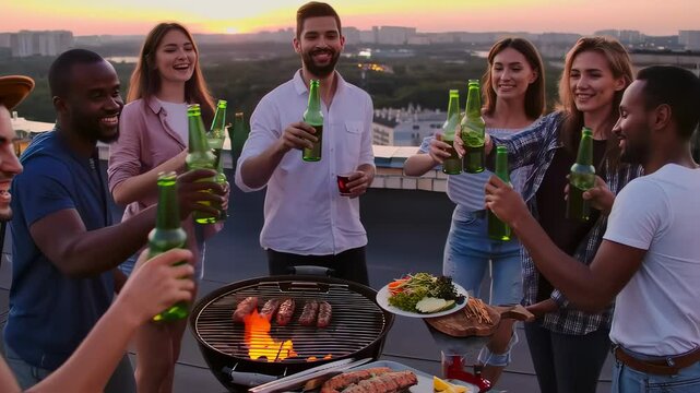 Diverse friends grilling, clinking beer bottles, sharing laughter during rooftop sunset celebration