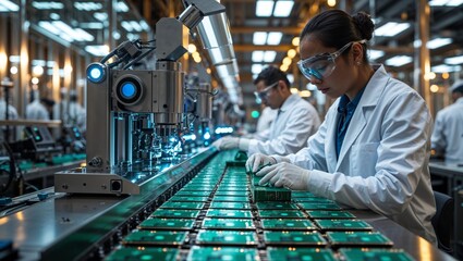 An engineer inspects circuit boards on an assembly line in a modern electronics factory.