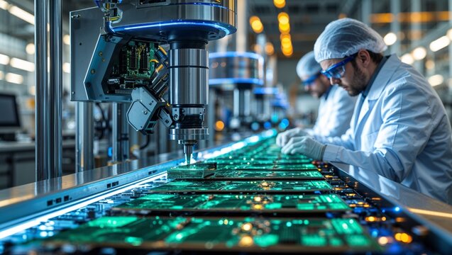 Engineers inspect circuit boards on an automated production line in a modern factory.