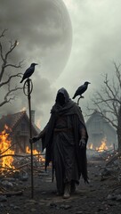 Silent Stranger with Violin in Gloomy Forest