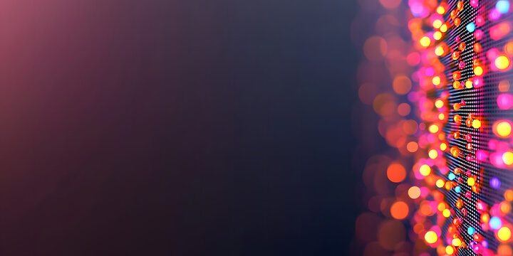 Abstract image of colorful bokeh lights on the right side against a dark background, creating a vibrant and dynamic visual effect.