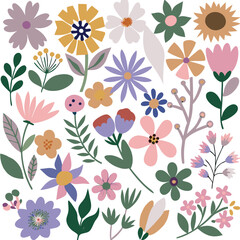 Colorful and stylized floral vector collection featuring various blooming flowers and foliage elements