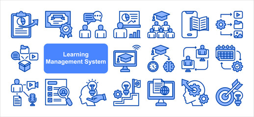 Learning management System icon collection set. Containing blended, virtual classroom, courseware, gamification, assessment, synchronous, course catalog icon. Simple line vector.