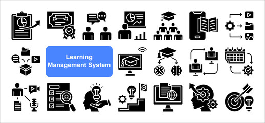 Learning management System icon collection set. Containing blended, virtual classroom, courseware, gamification, assessment, synchronous, course catalog icon. Simple flat vector.