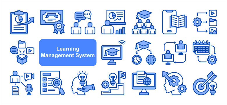 Learning management System icon collection set. Containing blended, virtual classroom, courseware, gamification, assessment, synchronous, course catalog icon. Simple line vector.