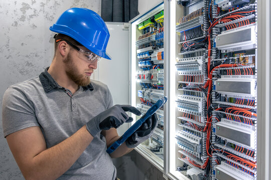 Electrician inspects switchboard. Tablet in hand. Digital and manual workflow.