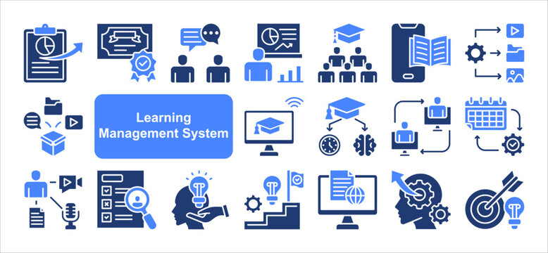 Learning management System icon collection set. Containing blended, virtual classroom, courseware, gamification, assessment, synchronous, course catalog icon. Simple flat vector.