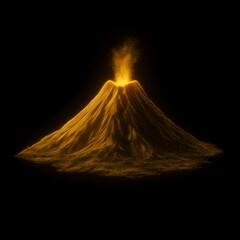 A mesmerizing holographic volcano, rendered in a glowing golden hue with a fine particulate eruption, stands dramatically against a stark black background.