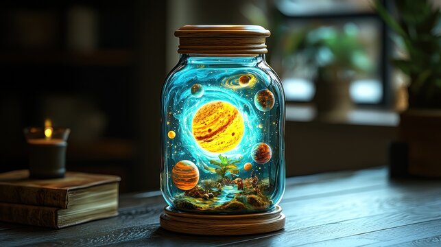 A glass jar, meticulously crafted, holds a miniature solar system. he scene