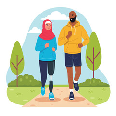 Diverse Couple Running in Park
