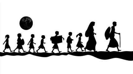 Family Silhouette Migrating at Night Under a Full Moon