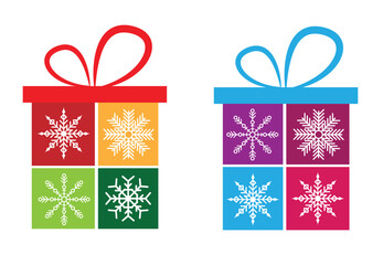 Christmas Present Box Decorated with Snowflake Ornament Set. New Year winter holidays shopping and gifts vector art