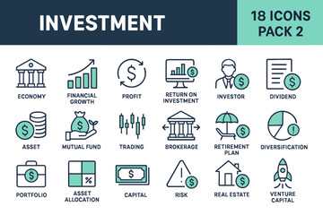 Investment-themed vector icon collection featuring 18 unique symbols in mint green