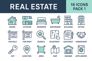 Unique set of 18 real estate icons in flat design with mint green accents