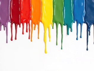 Rainbow paint drips down a white background. Glossy, rich colors evoke creativity and LGBTQ+ Pride. Space for text.