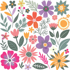Colorful hand drawn floral elements arranged on white background ideal for design and decoration