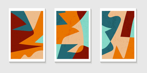 Set of abstract contemporary mid century posters with Abstract shapes. Design for wallpaper, background, wall decor, cover, print, card. Modern boho landscape minimalist art. Vector illustration.