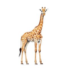 Obraz premium A charming watercolor illustration of a giraffe, standing tall and graceful against a plain white background, showcasing its distinctive long neck and patterned coat with artistic brushstrokes 
