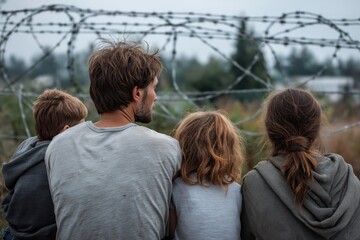 Refugee Family Gazes at Border Fence Hopeful for Asylum Seeking Freedom