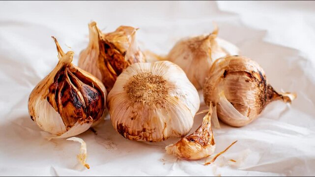 Close-up view of a group of garlic bulbs on a textured surface.