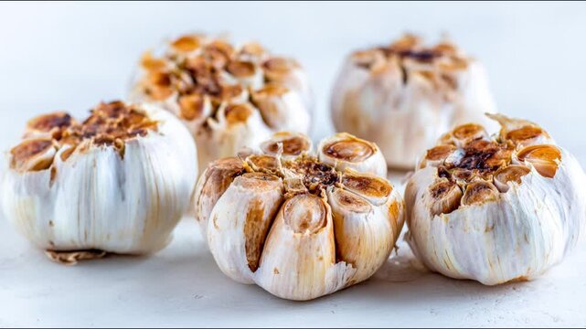 Close-up shot of roasted garlic bulbs.