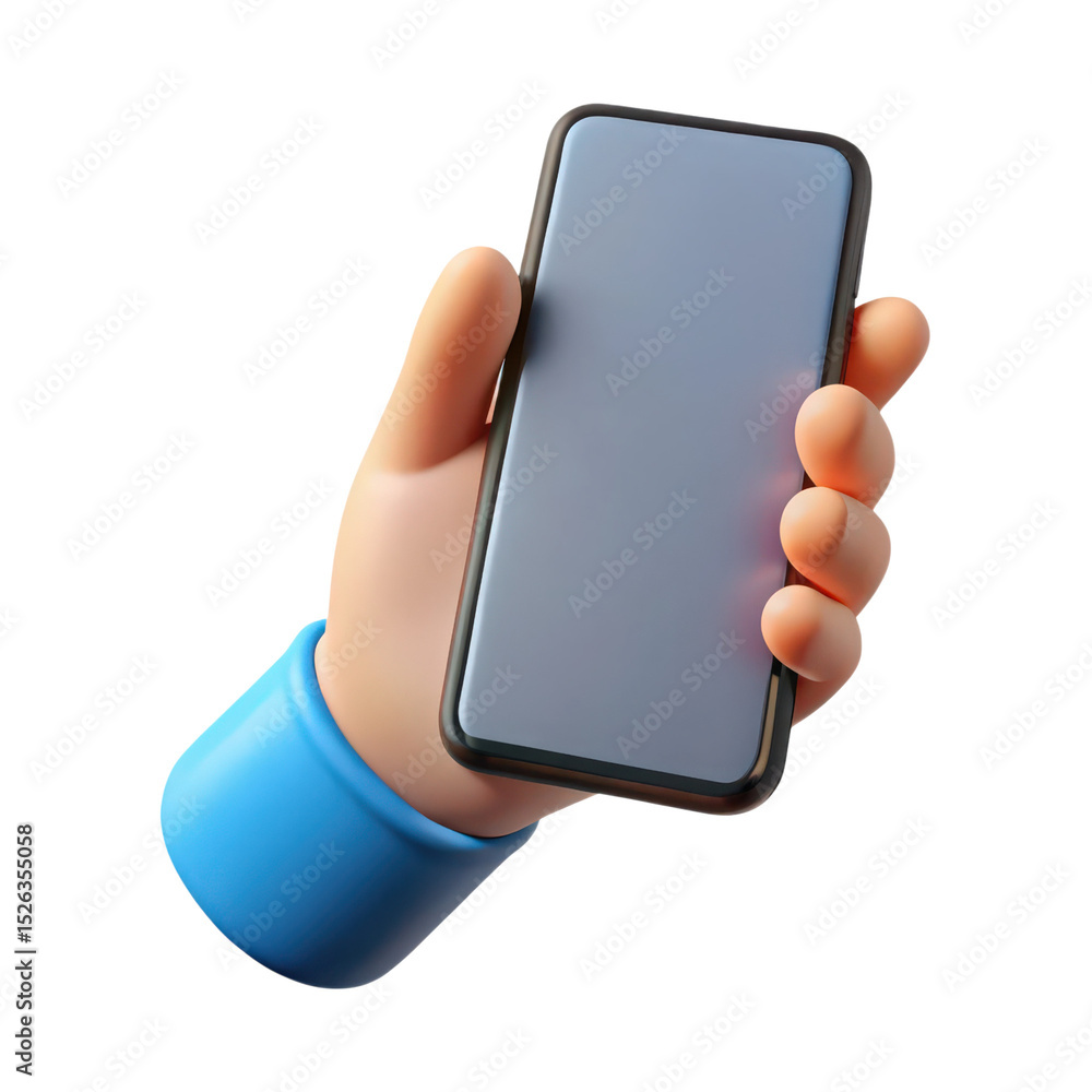 Poster cartoon hand holding smartphone with blank screen on transparent background for mobile app ui presen