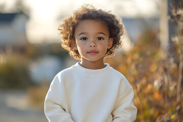 Mockup of child in plain white oversized crewneck sweatshirt