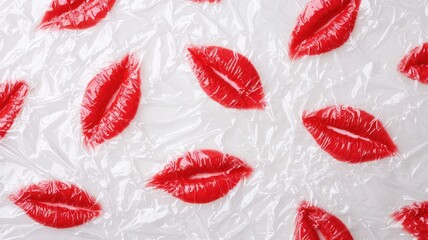 International makeup day with lipstick and cosmetics idea. Red lip prints on a textured translucent plastic sheet.