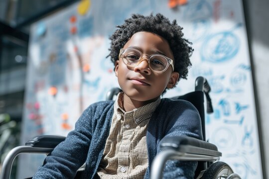 Confident young boy in wheelchair displays determination and intelligence against a whiteboard background