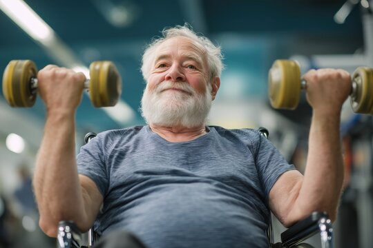 Senior man in wheelchair actively lifting weights at gym demonstrating strength and healthy aging fitness